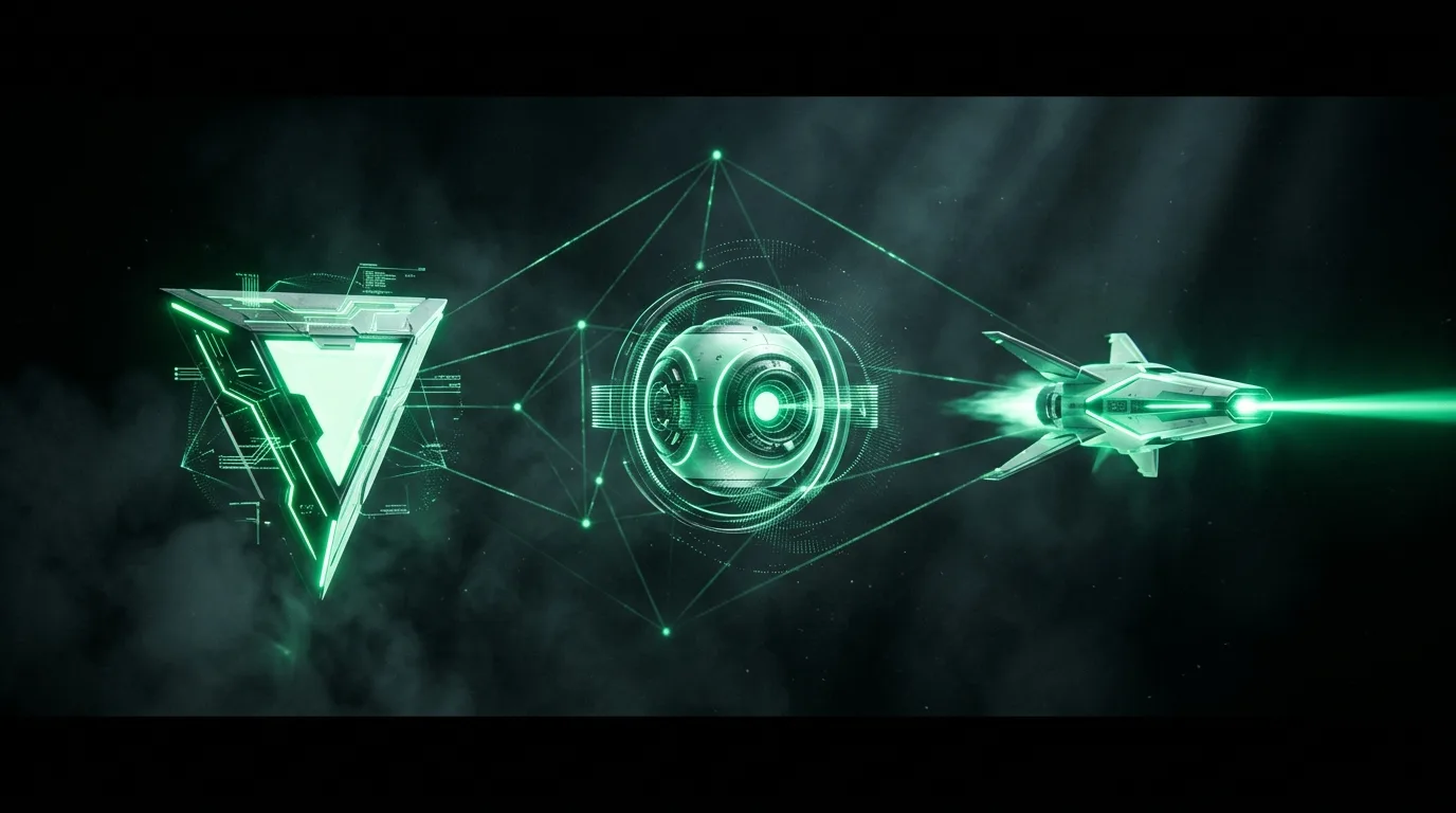 Three glowing emerald agent constructs in formation — operator, scout, and courier — connected by light threads